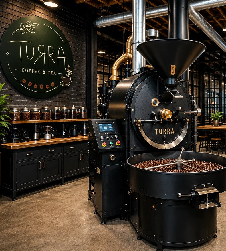 The Turra roastery floor: the drum roaster under the logo sign
