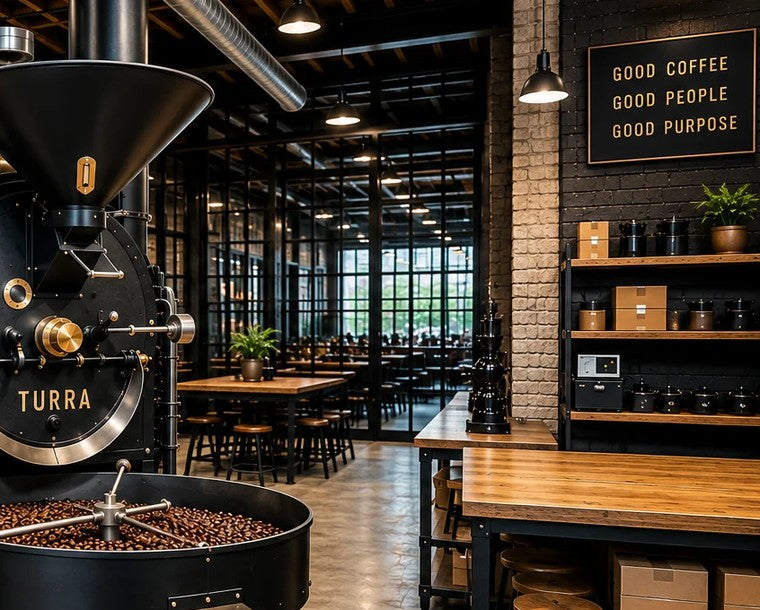 The roastery bench with brewing gear on the shelves