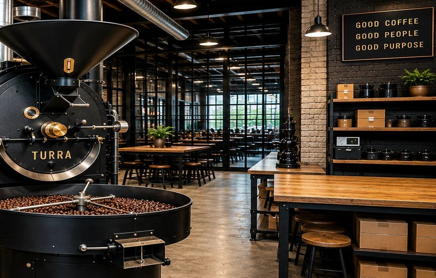 The roastery bench and shelves of brewing gear